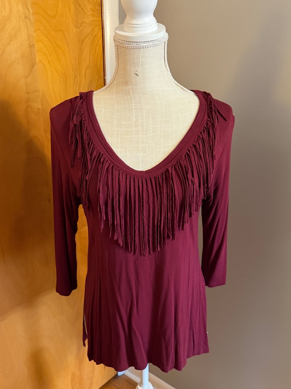 Promesa Maroon Fringe Long Sleeve Top